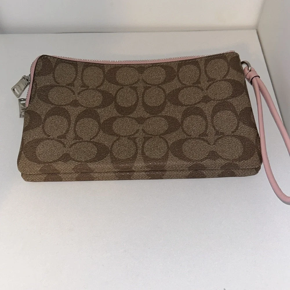 Coach Double Zip Wallet Pink And Brown Wristlet - Picture 2 of 6